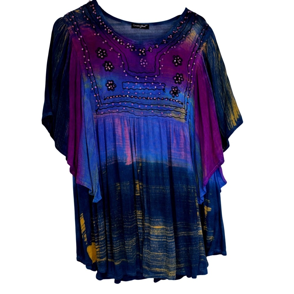 GreaterGood Boho Tie Dye Sequin Embroidered Babydoll Tunic Top Blue Purple